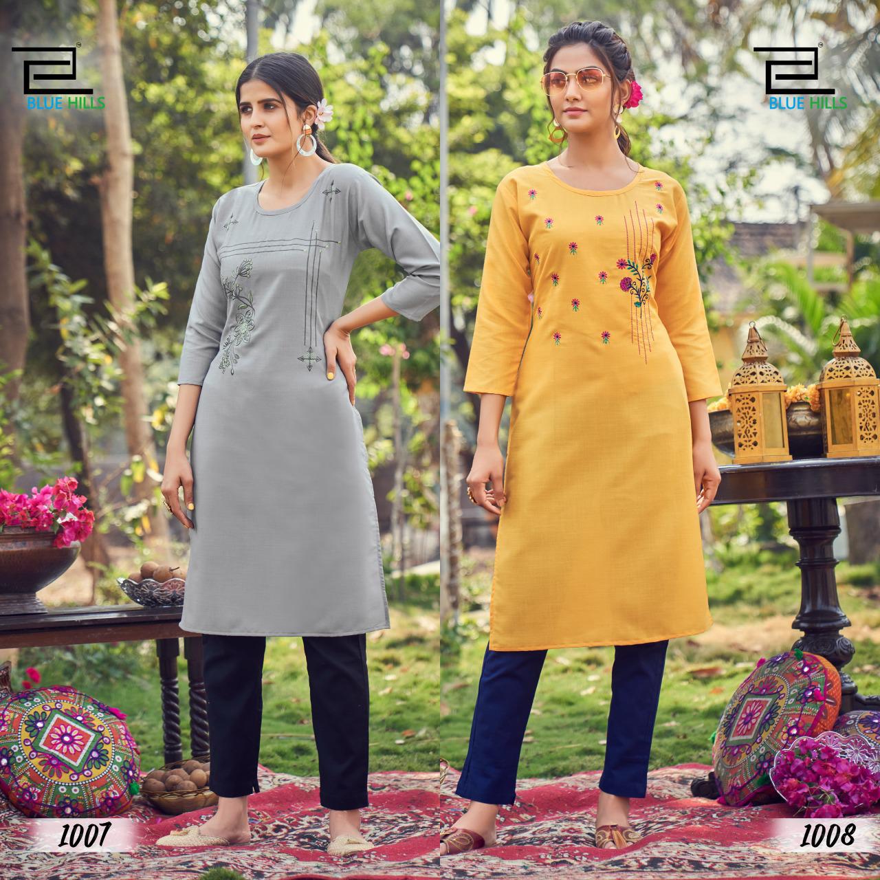 Blue Hills Instagram Latest Fancy Designer Casual Wear Slub Cotton Straight Embroidery Kurtis Collection
