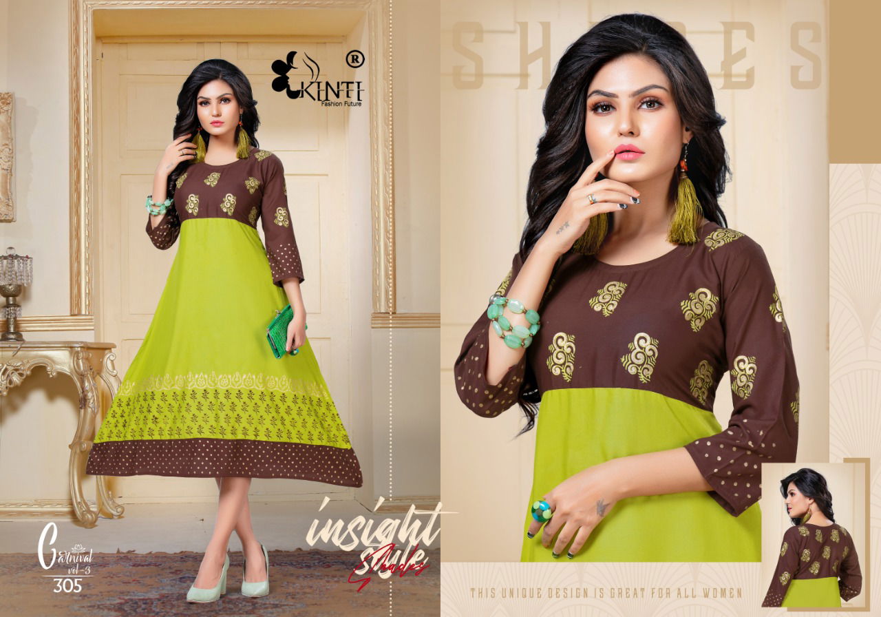 Kinti Carnival Anarkali Casual Wear Designer Printed Rayon Kurtis Collection
