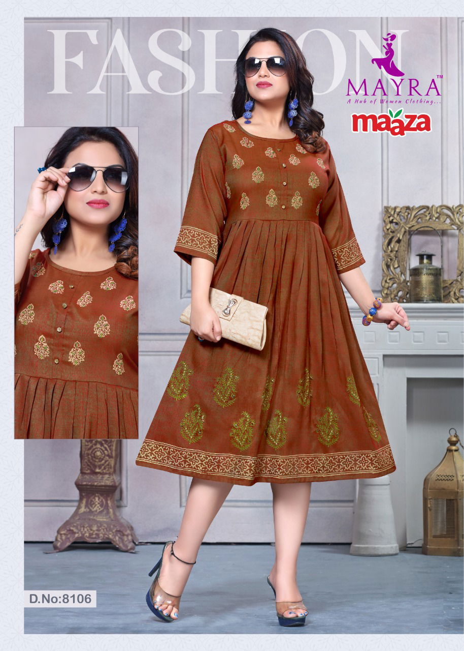 Mayra Maaza Flair Latest Fancy Style Long Casual Wear Anarakali Rayon Designer Kurtis Collection
