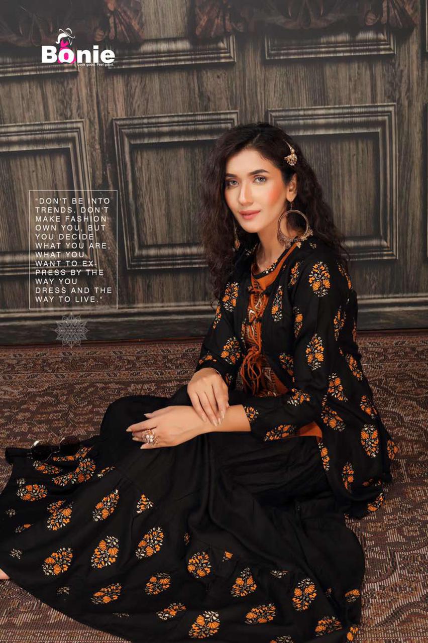 Bonie Jacket House Fancy Party Wear Jacket With Skirt rayon Printed Kurtis Collection
