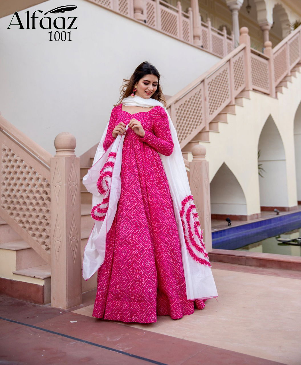 Alfaaz 1 Bandhej Latest Fancy Designer Festive Wear Stylish Masleen Ladies Gown Collection
