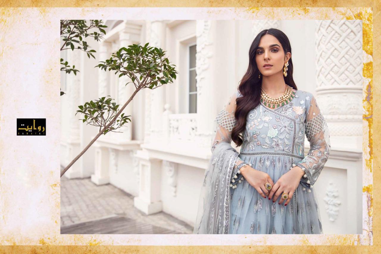 Rawayat Emaan Adeel 3 Fancy Wedding Wear Net Georgette Embroidery Work Heavy Pakistani Salwar Suits Collection
