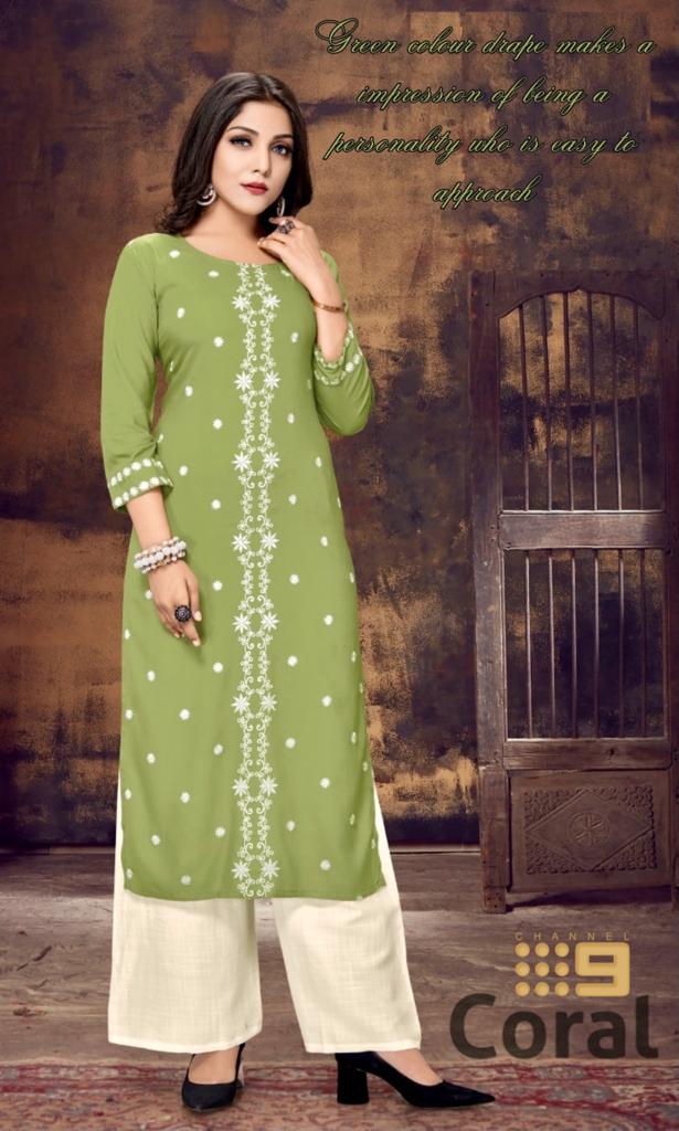 C9 Coral Latest Design Festive Wear Rayon With Embroidery Worked Kurti With Palazzo Kurtis Collection
