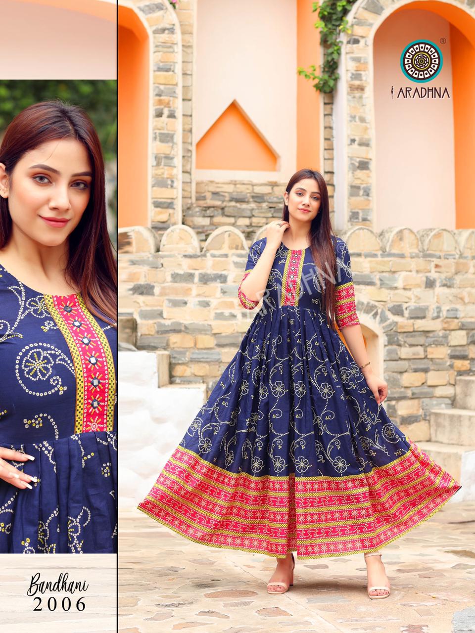 Aradhna Bandhani 2 Heavy Cotton Printed Festive Wear Anarkali Long Kurtis Collection
