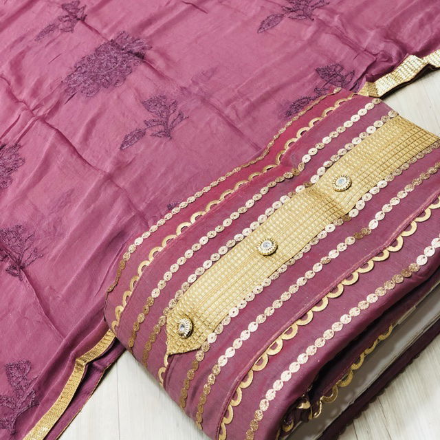 New Design Festive Wear Modal Fabric Dress Material With Four Sided Golden Lace Bordered Dupatta  