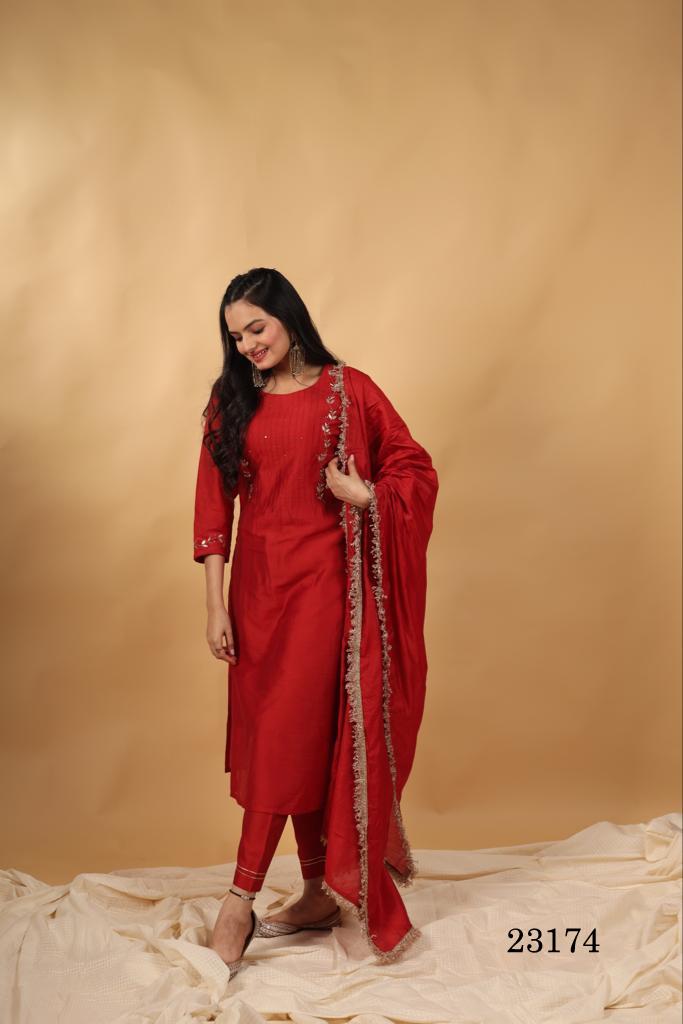 Indira 23166 Red Pure chanderi silk Kurti With Bottom Dupatta Catalog

