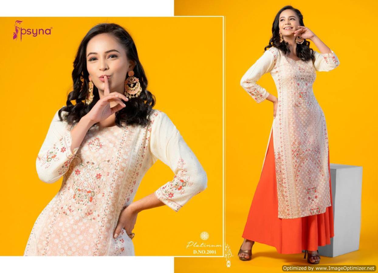 Psyna Platinum 2 Latest fancy Designer Ethnic Wear Heavy Rayon Gold Printed Kurti Collection

