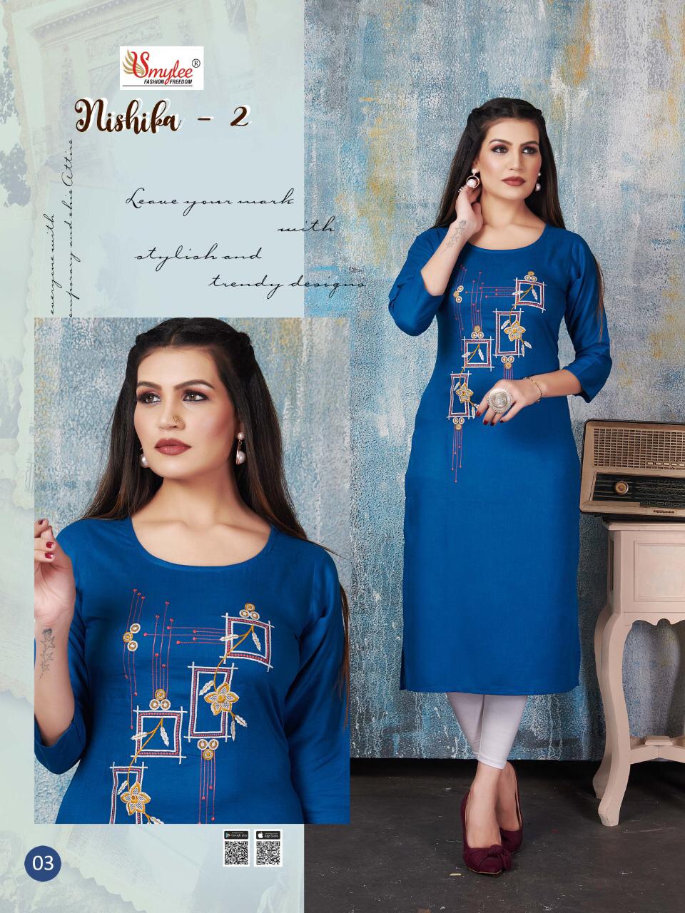 RUNG NISHIKA VOL-2 New Designer Daily Wear Heavy Slub Print Rayon Embroidery Work Kurtis Collection