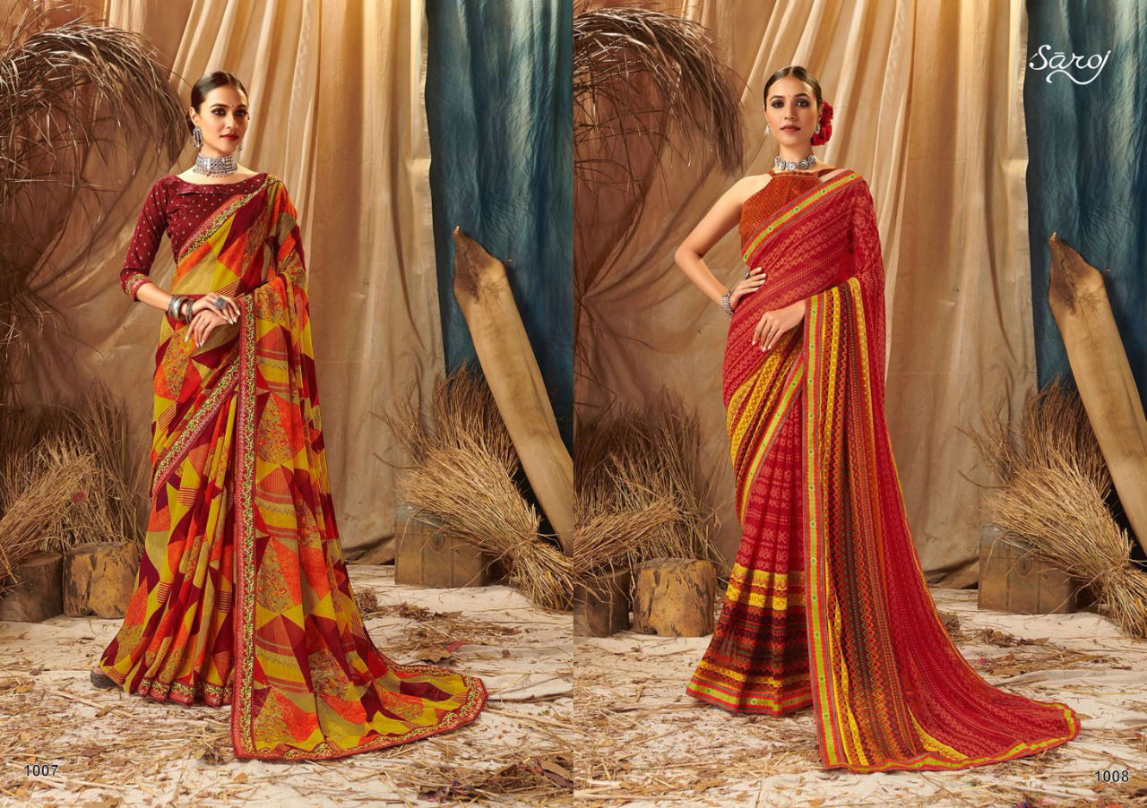 Saroj Saloni Latest Designer Fancy Casual Wear Printed Georgette Sarees Collection
