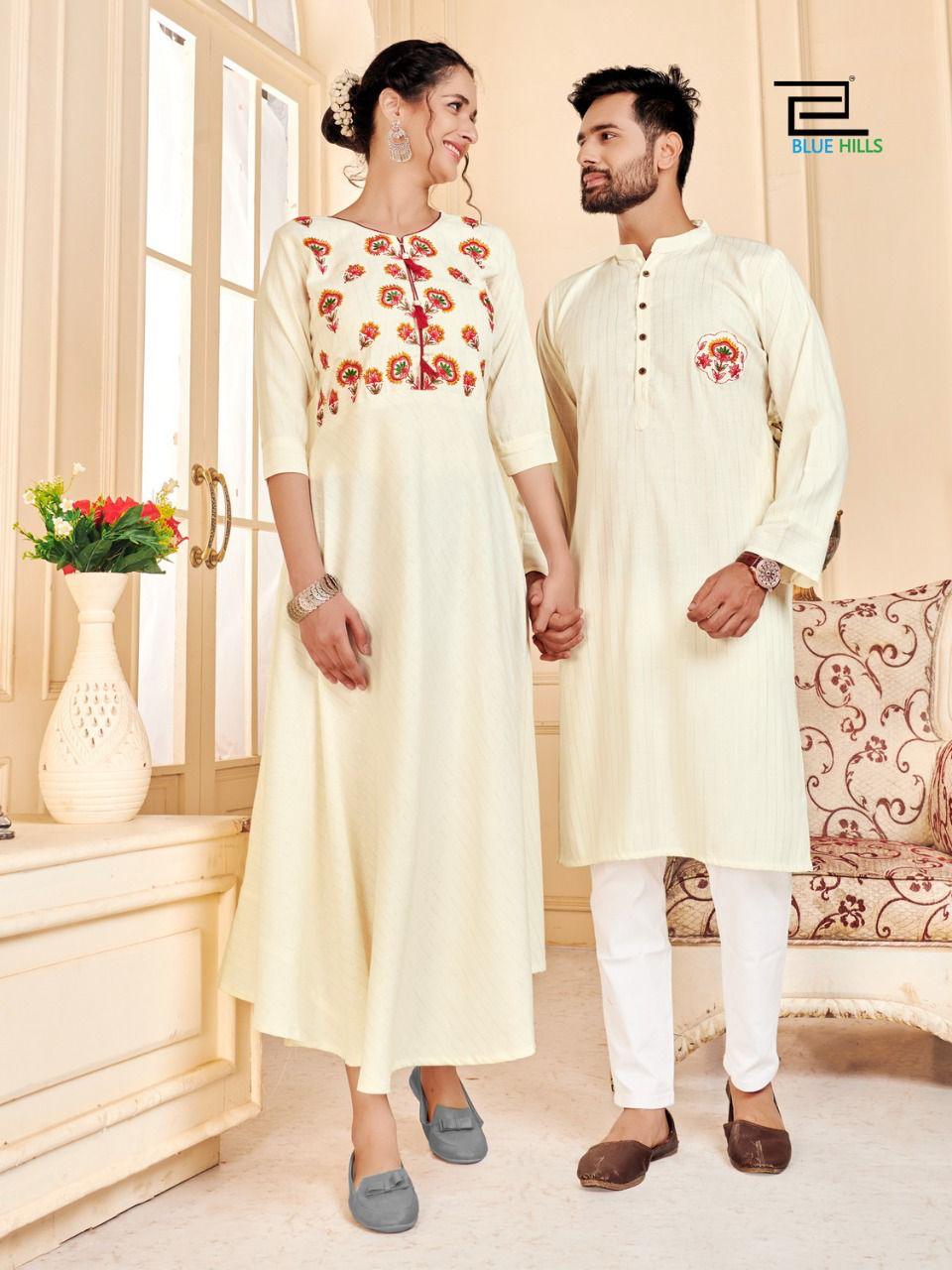 Blue Hills Love Birds Designer Party Wear Rayon Couple Kurta Latest Combo Collection
