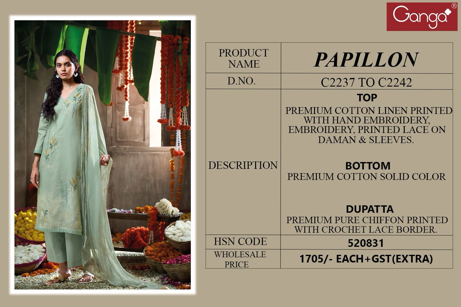 Papillon by Ganga Cotton Linen Printed Embroidery Salwar Suit Online Wholesale