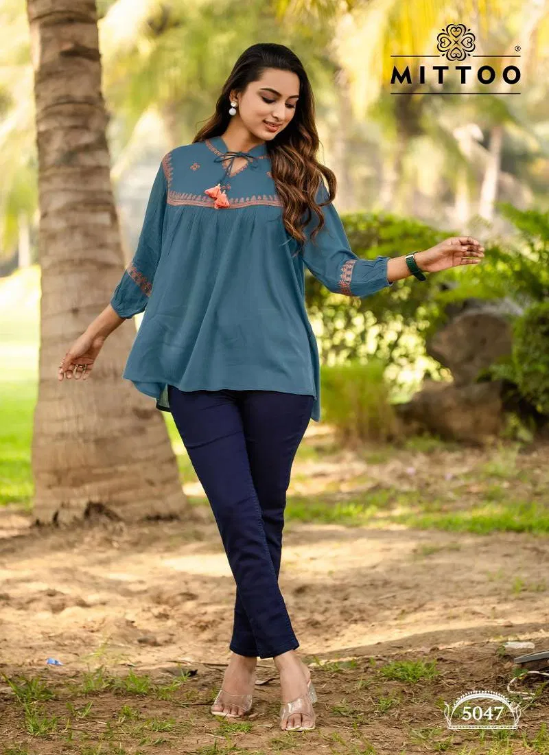 Mittoo Victoria Vol 9 Rayon Wrinkle With Thread Work Top Online Wholesale
