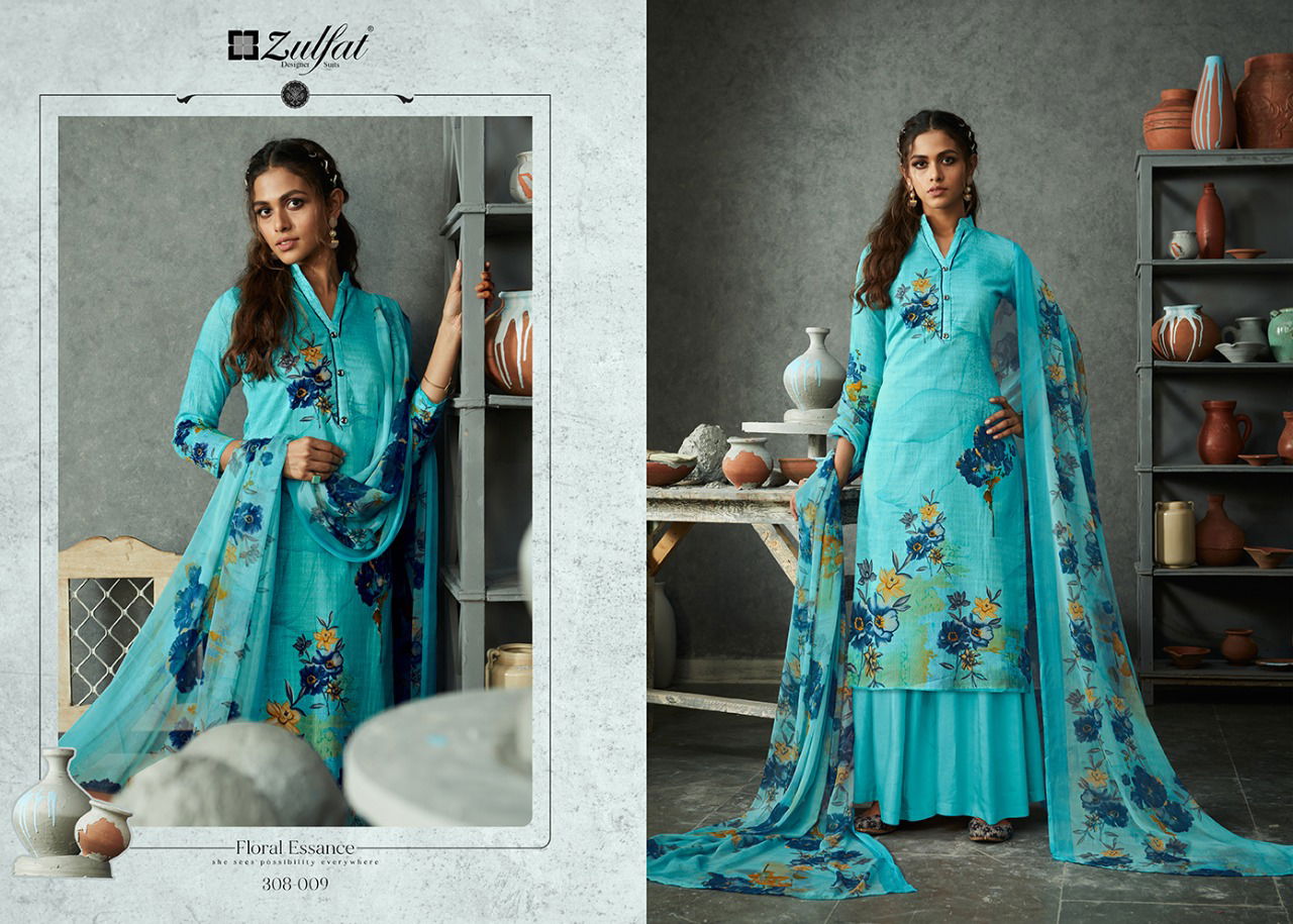 Zulfat Gulmohar 4 Designer Festive Wear Digital Print Top with four side lace Dupatta Pure cotton salwar Dress Material Collection
