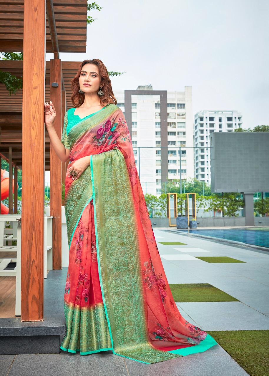 Shvetamber Peacock Kutthu Pattu Latest Designer Party Wear Stylish Digital Printed Organza Saree Collection 