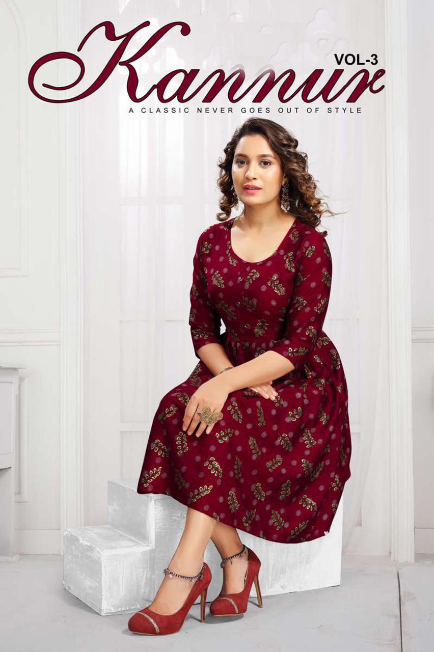 Kannur 3 Rayon Printed Ethnic Wear Designer Anarkali Kurti Collection