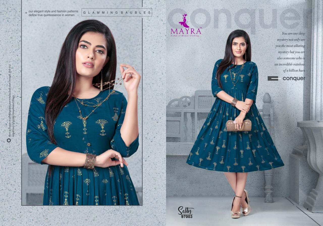 Mayra Seltos Rayon Printed Designer Party Wear and Regular Wear Kurtis Collection