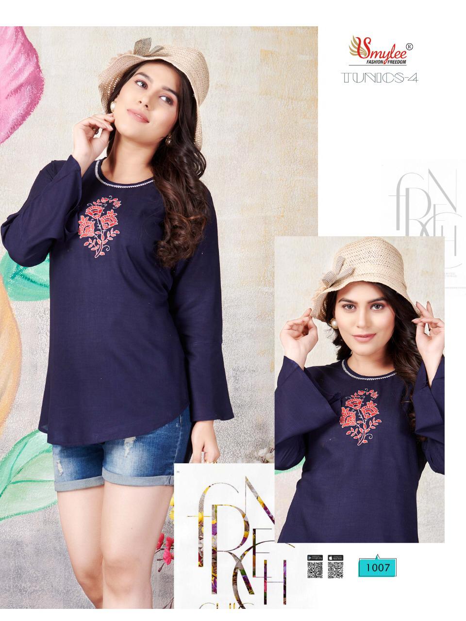 Smylee Tunics 4 latest Designer Casual Wear Embroidery Work Rayon Ladies Top Collection
