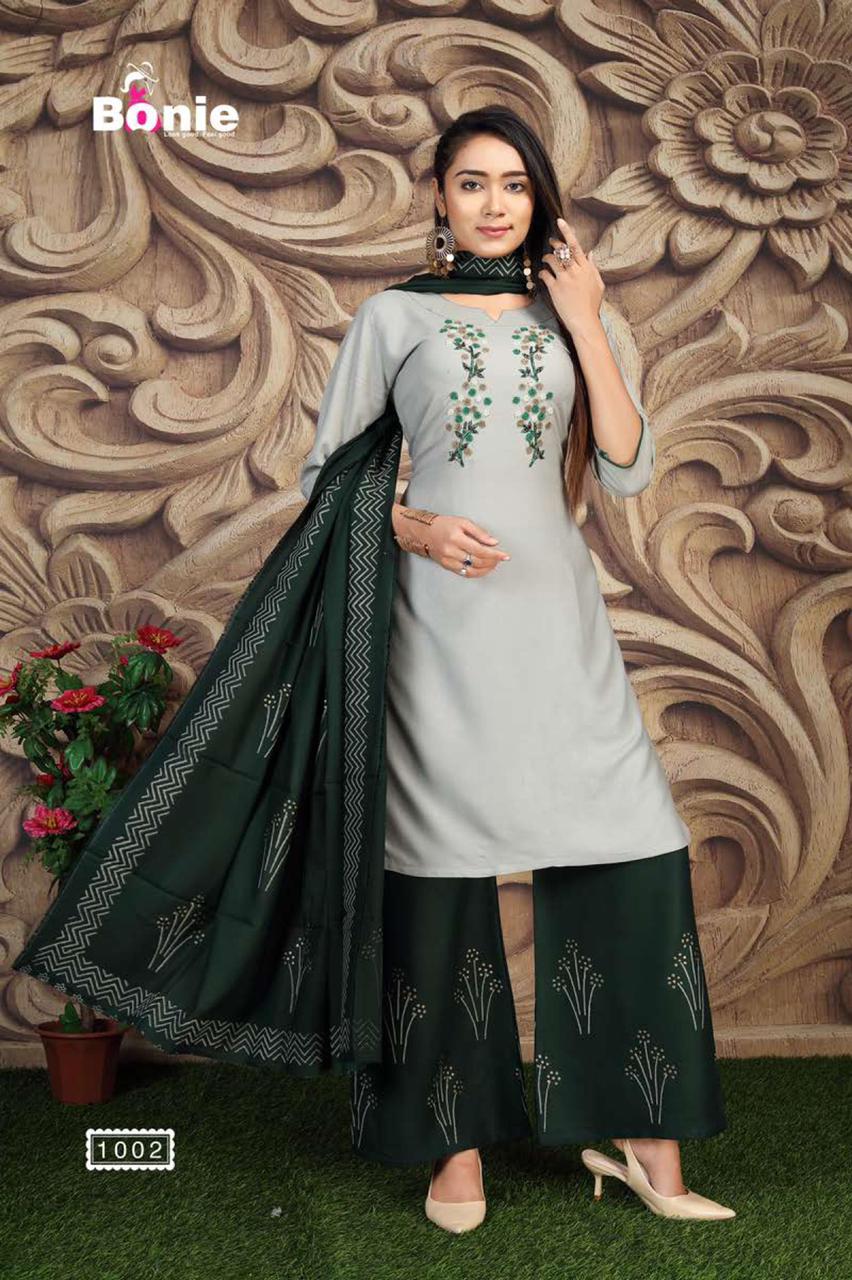 Bonie Jannat 2 Fancy Casual Wear Rayon Designer Kurti With Palazzo With Dupatta Collection
