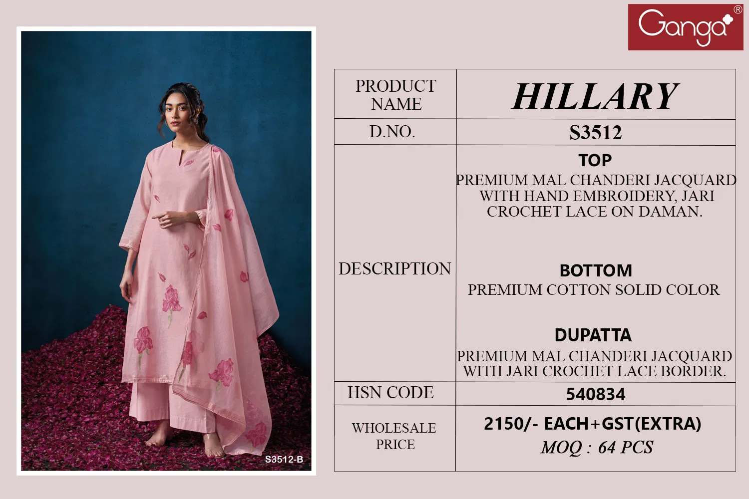 Hillary 3512 By Ganga Mal Chanderi Embroidery Salwar Suit Wholesale Online