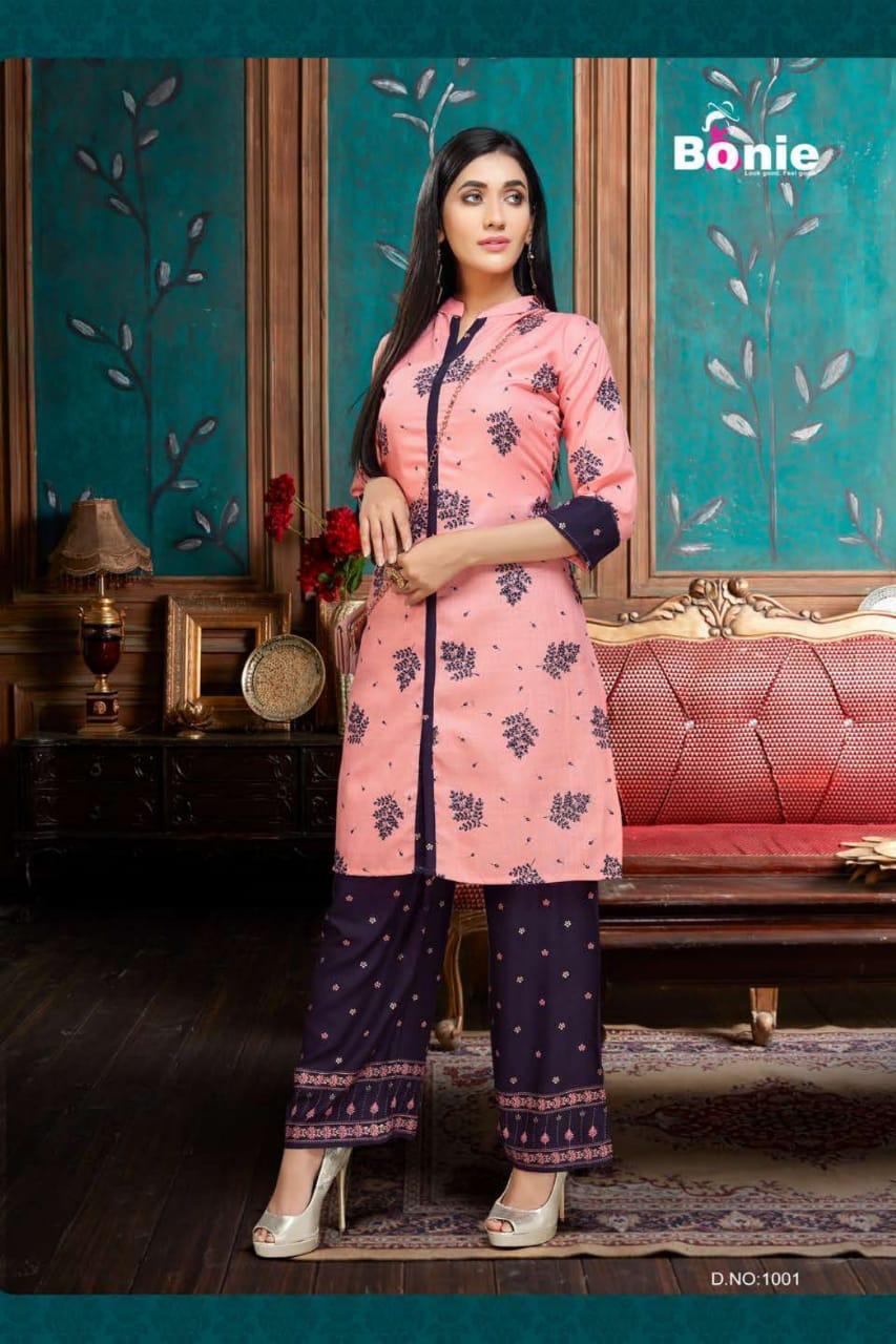 Bonie Plazo Lady Latest Fancy Regular Wear Rayon Printed Kurtis With Bottom Collection