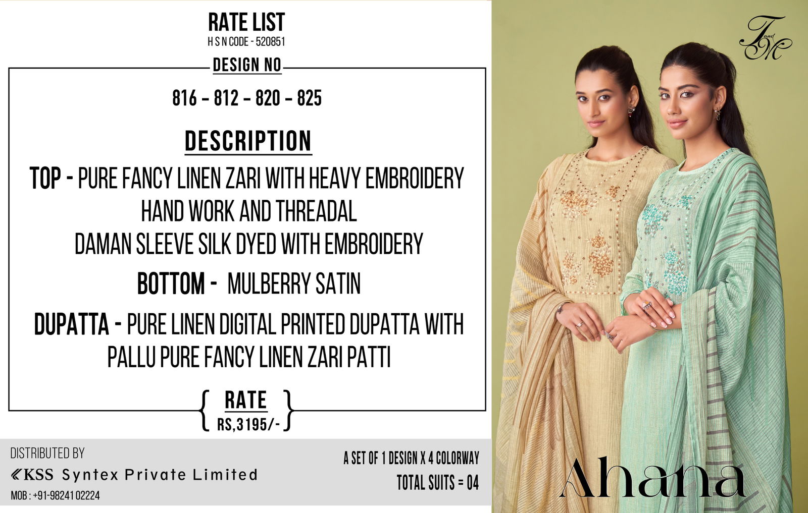 Ahana By T&M Fancy Linen Embroidery Dress Material Exporters In India