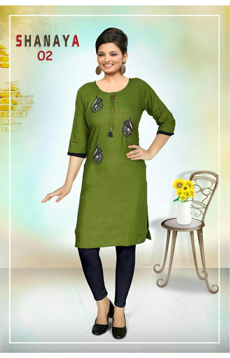 Trendy Shanaya Latest Designer Daily Wear Rayon Embroidery Work Kurtis Collection
