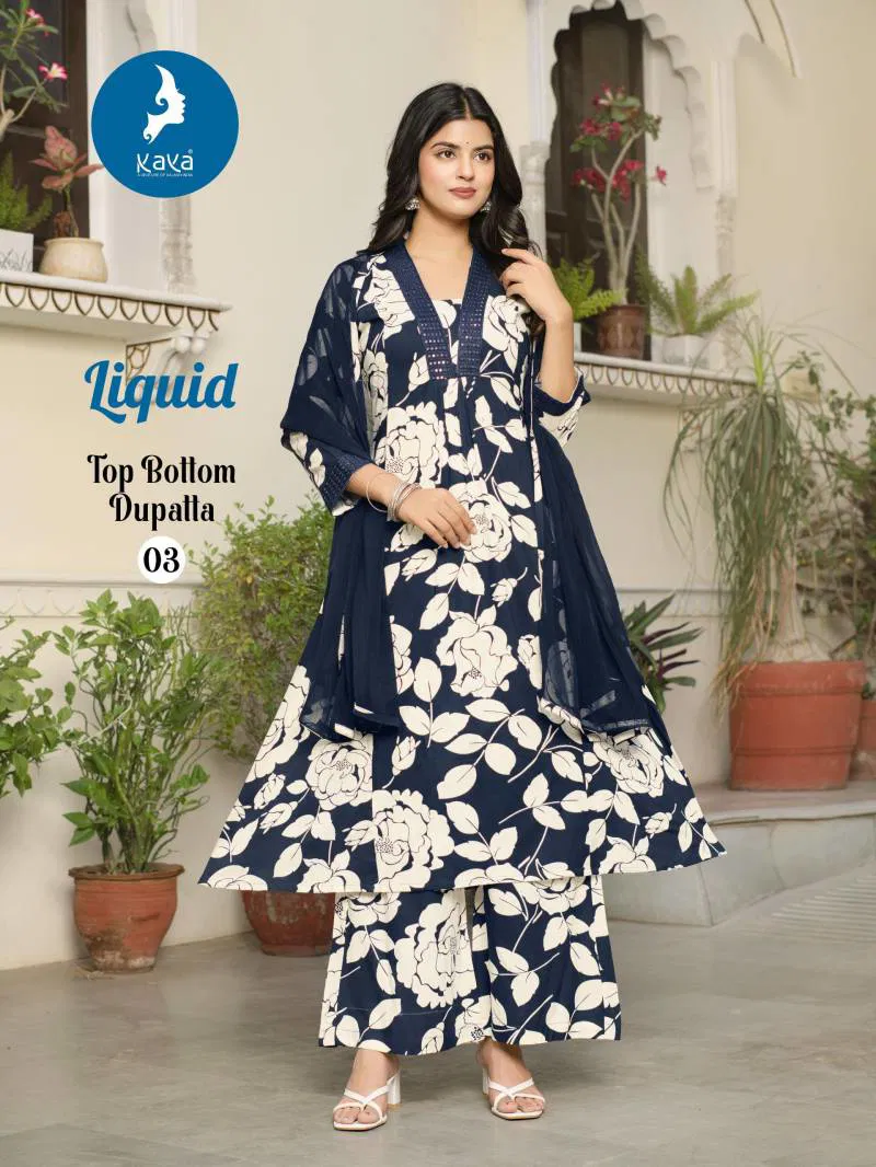 Liquid By Kaya Rayon Printed Kurti Pant With Dupatta Wholesalers Distributors In India