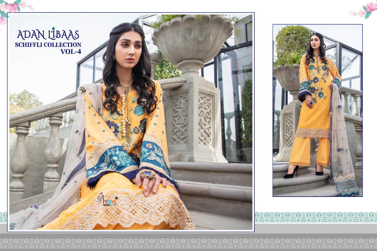 Shree Adan Libaas Schiffli Collection 4 Latest Fancy Casual Wear Pure Cotton Pakistani Salwar Suits Collection
