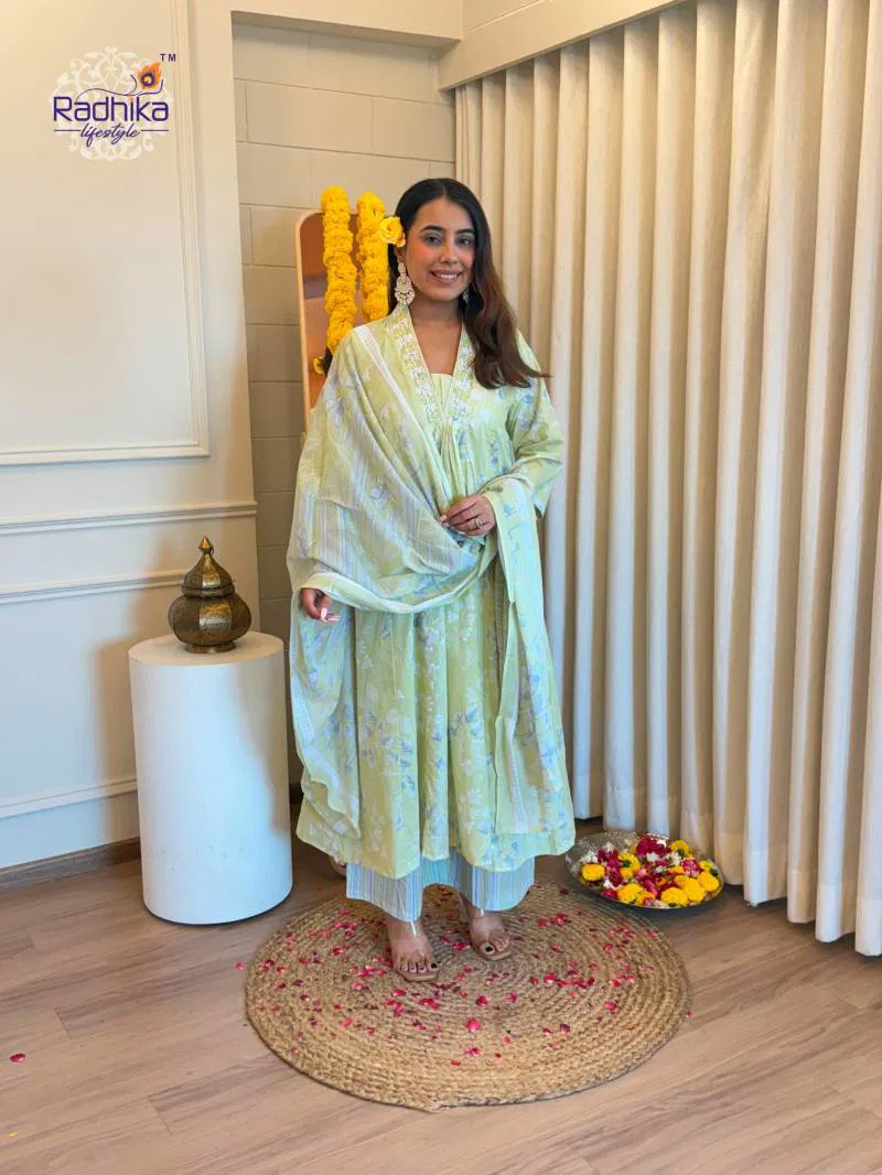 Radhika Anarkali Plazo Set Cotton Printed Kurti Pant With Dupatta Wholesale Suppliers In Mumbai
