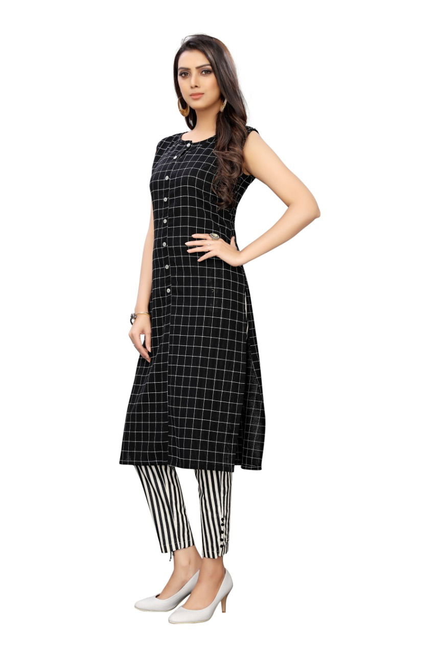 Ab Kurti 153 Fancy Casual Wear Cotton Checks Kurti With white black lining Bottom Collection