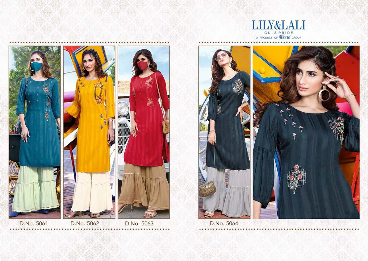 Lily & Lali Mystery Designer Partywear Fancy Rayon with Pattern Fabric Embroidery Kurtis with Gharara Collections
