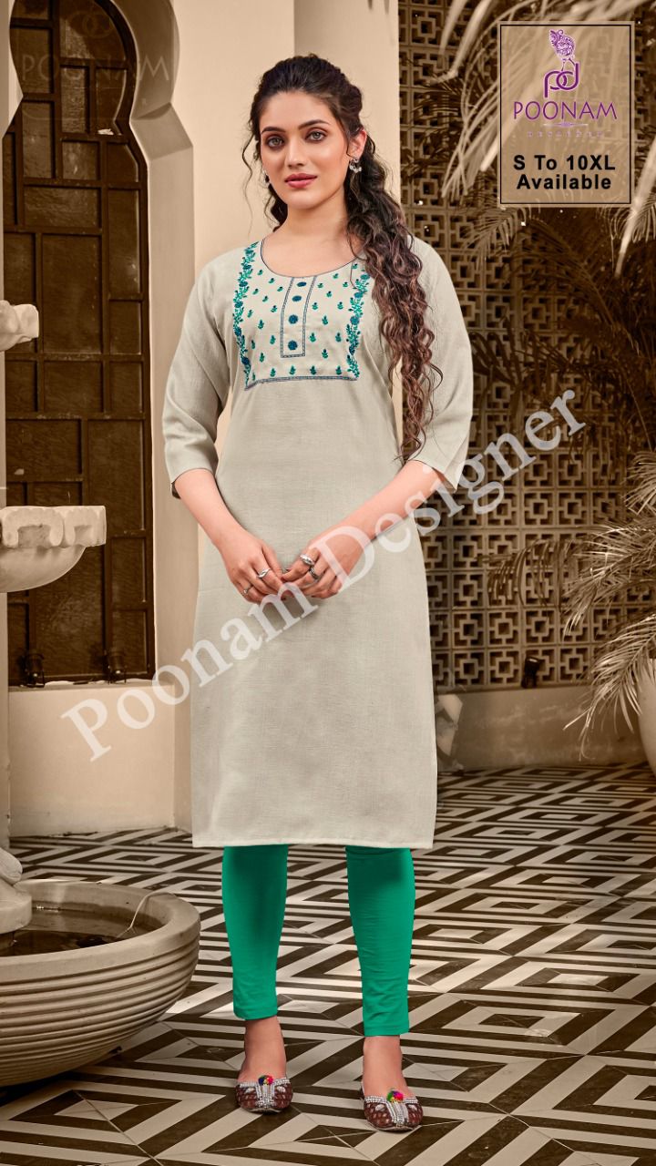 Poonam Kurti House 2 Ethnic Wear Fancy Embroidery Work Slub Cotton Kurtis Collection
