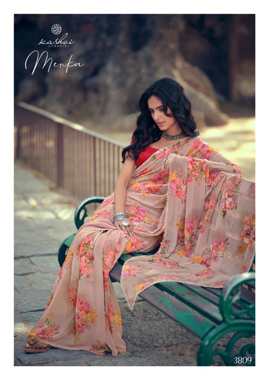 Kashvi Menka Latest Fancy Designer Festive Wear Silk Weightless Floral Chiffon Saree Collection
