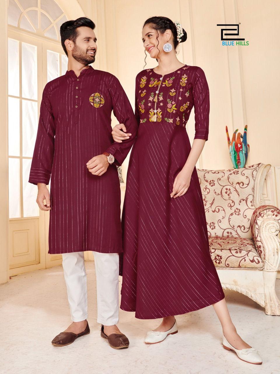 Blue Hills Love Birds Designer Party Wear Rayon Couple Kurta Latest Combo Collection

