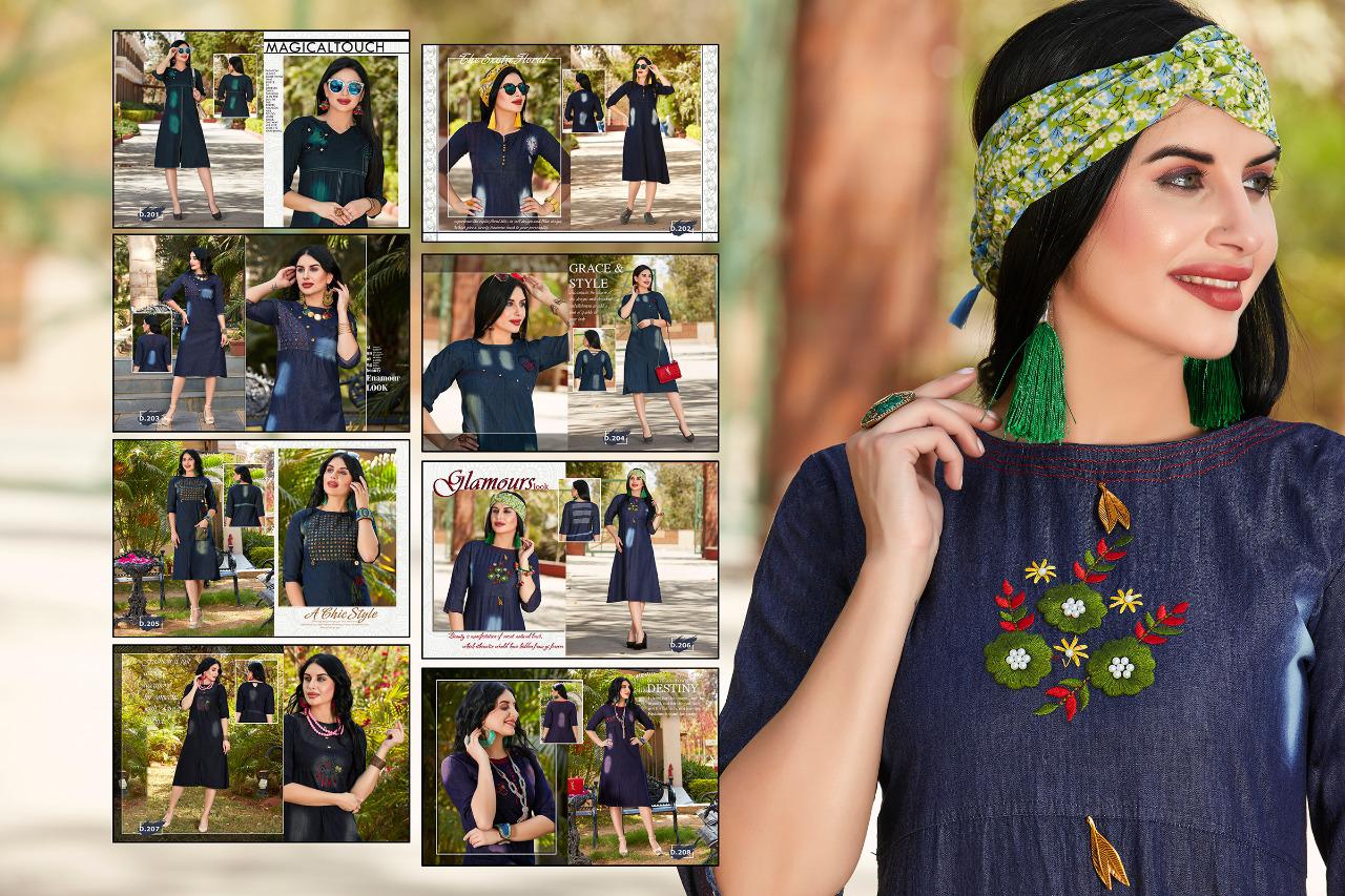 Trendy Destiny Blue Fancy Casual Wear Heavy denim cotton Designer Kurtis Collection
