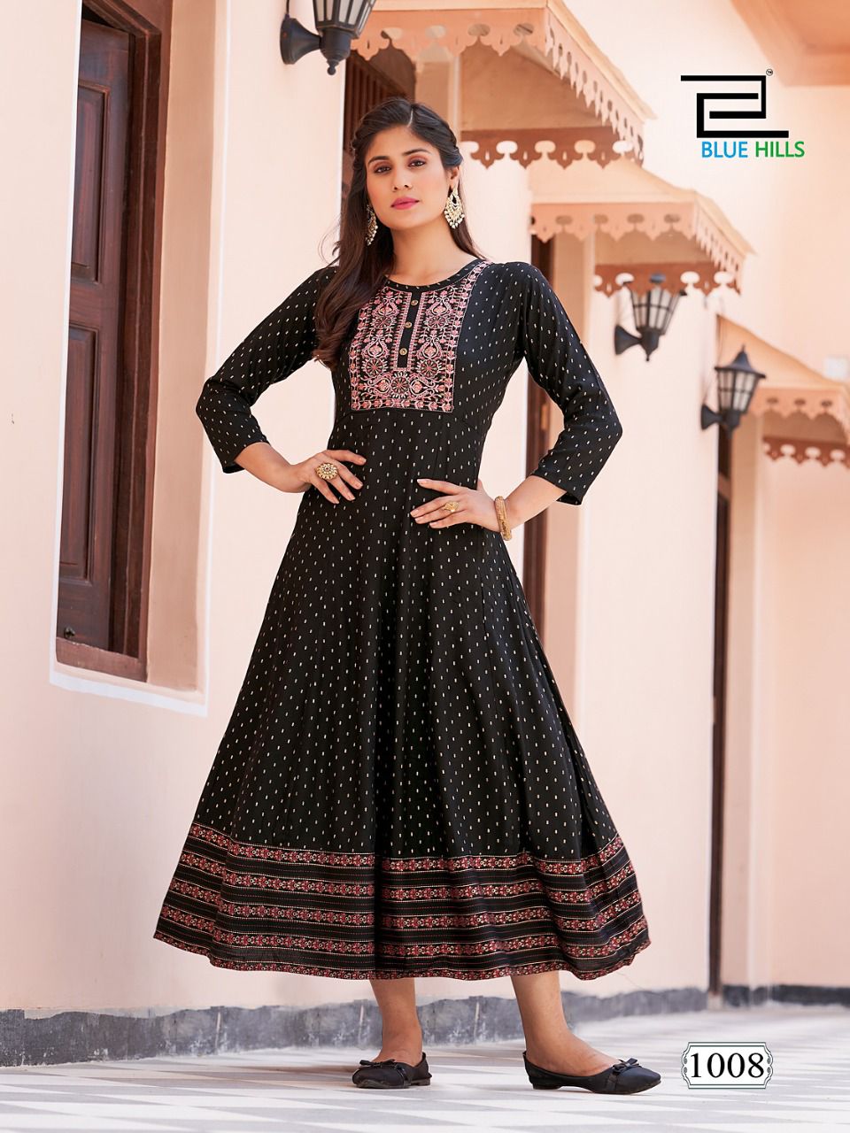 Encounter By Blue Hills Rayon Foil Printed Long Anarkali Kurtis Wholesale Market In Surat
