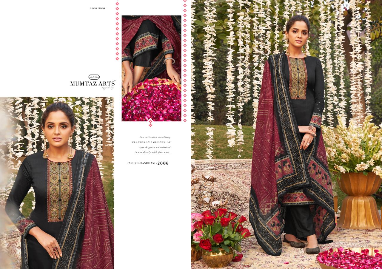 Mumtaz Jash E Bandhani Latest Designer Fancy Wedding Wear Pure Jam Satin Digital Print Heavy Neck Embroidery Work Dress Material Collection
