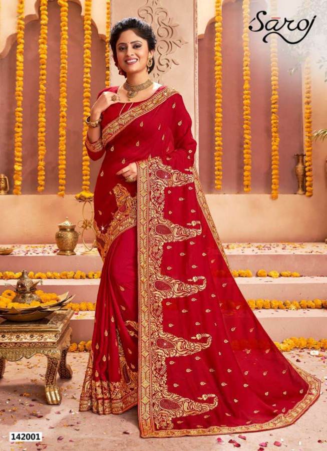 Saroj Rajdhani Latest Designer Heavy Embroidered Wedding Wear Vichitra Silk Saree Collection