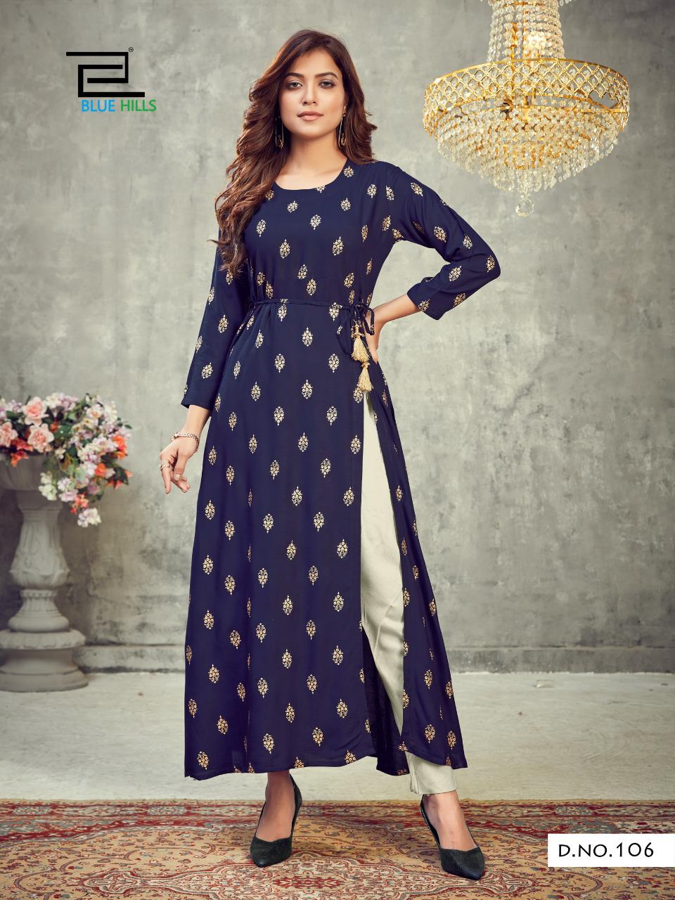 Blue Hills First Date Designers Long Printed Rayon Party Wear Kurtis Collection
