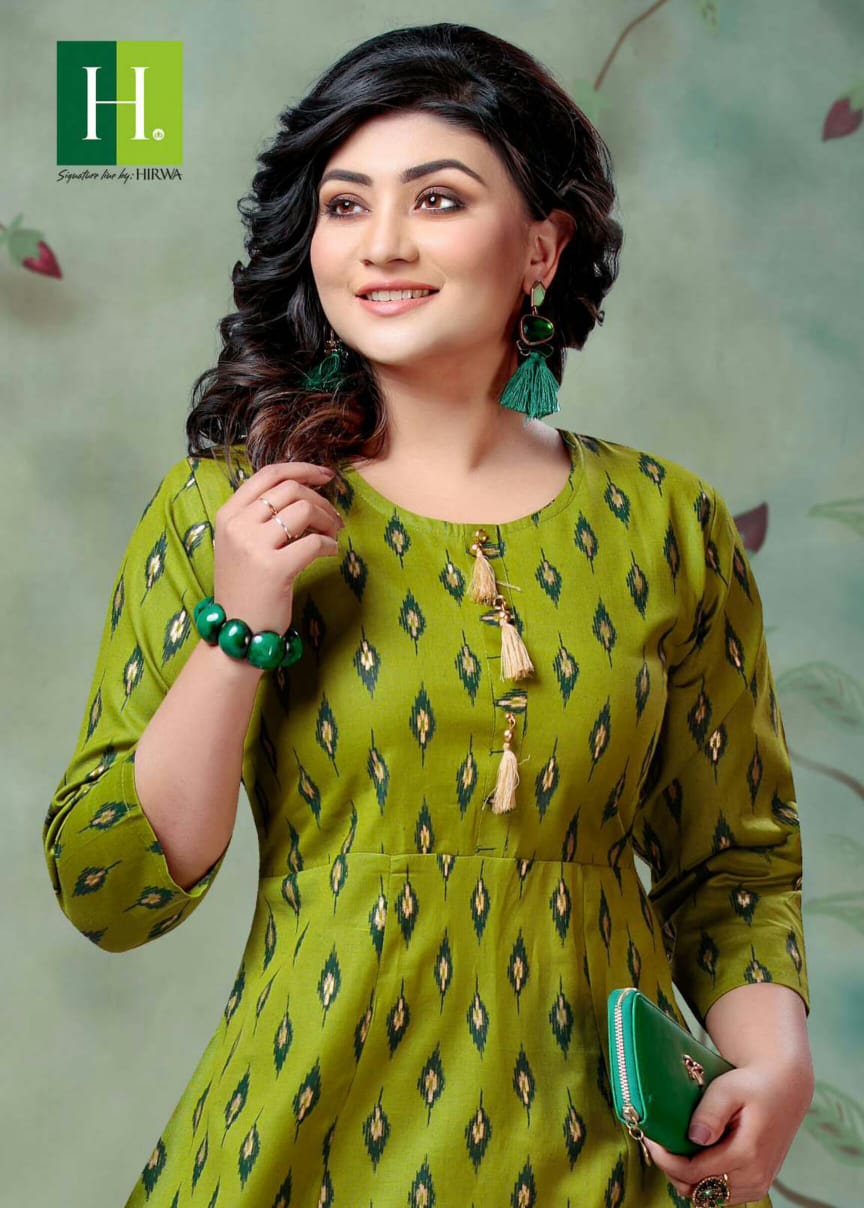 Hirwa Kitty Party 7.3 Latest Fancy Designer Casual Wear Ikkat Print Pure Cambric Cotton Flair Kurti Collection
