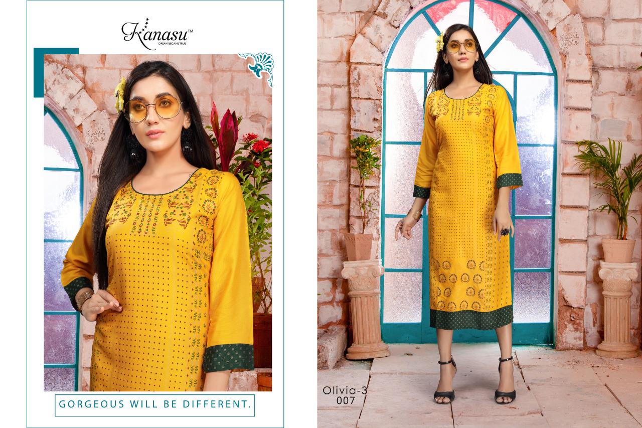 Kanasu Olivia 3 Latest Fancy Designer Heavy Rayon Straight Kurti Collection
