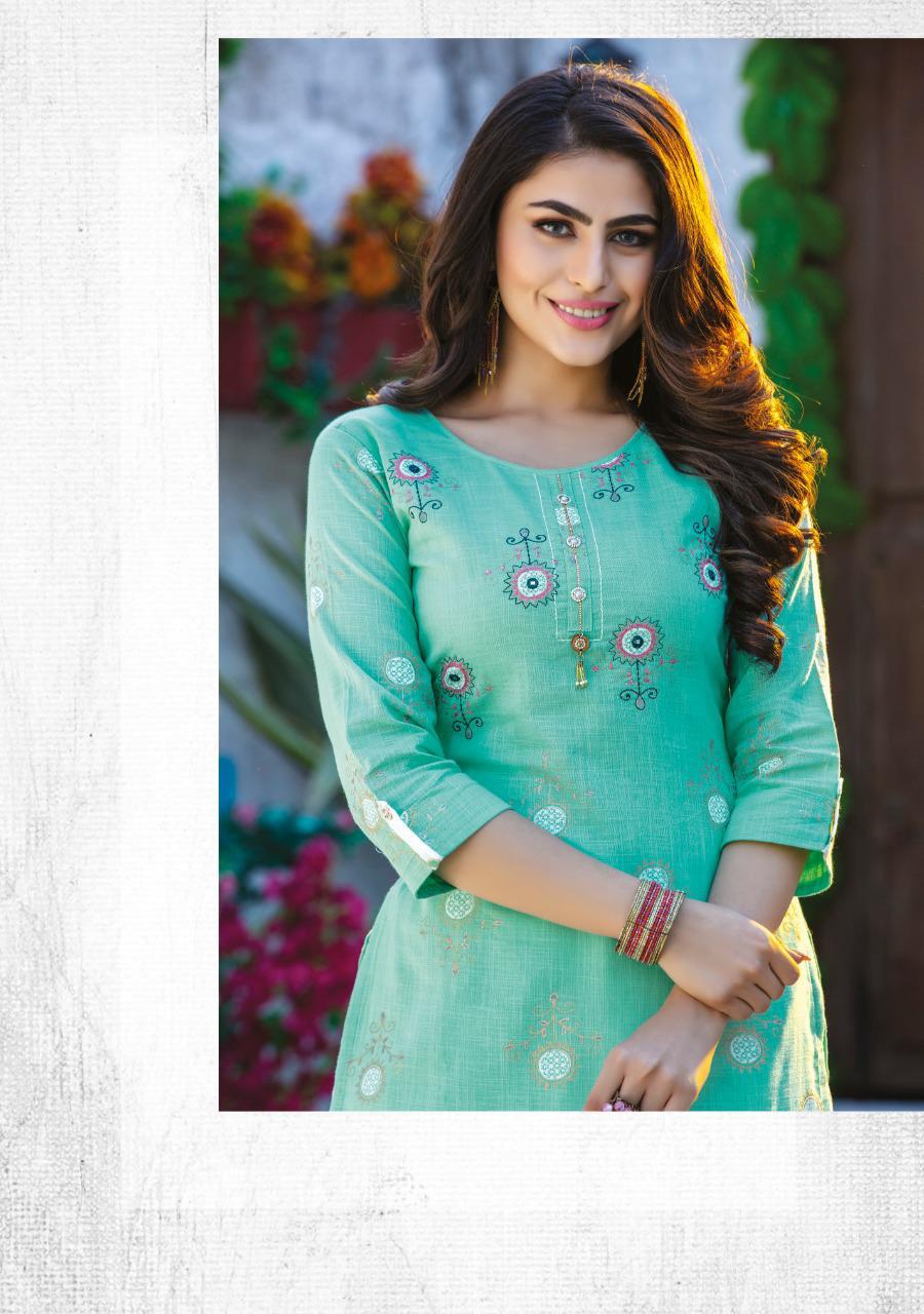 KIANA FITOOR Fancy Designer Festive Wear Rayon With Cotton Printed And Hand Work Kurtis With Bottom Collection