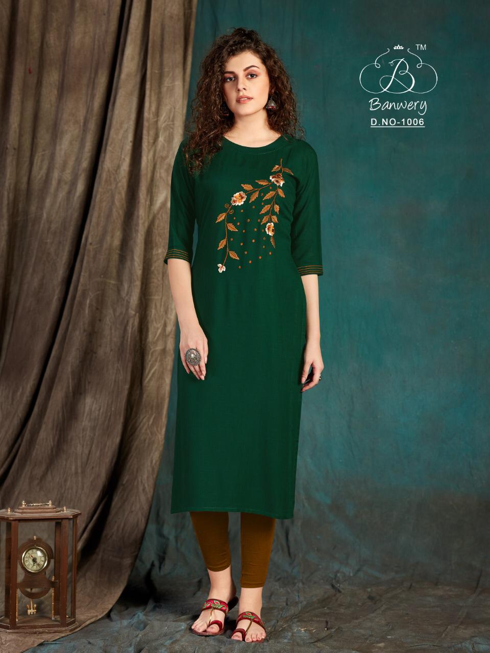 Banwery Taapsee Heavy Slub Rayon Airjet With  Embroidery Work Designer Kurtis Colections