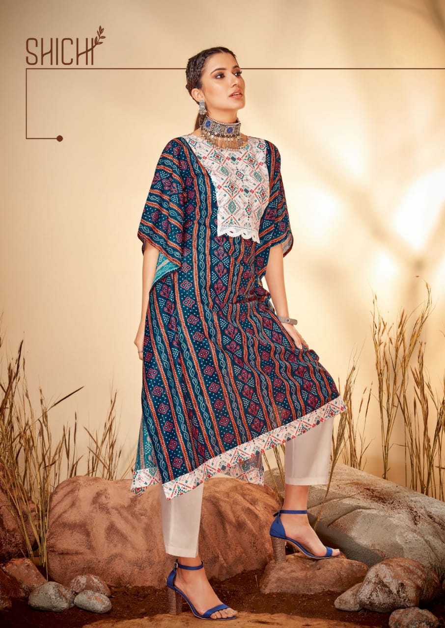 Shichi Kaya Kaftan Festive Wear Masleen Printed Kurti With Bottom Collection
