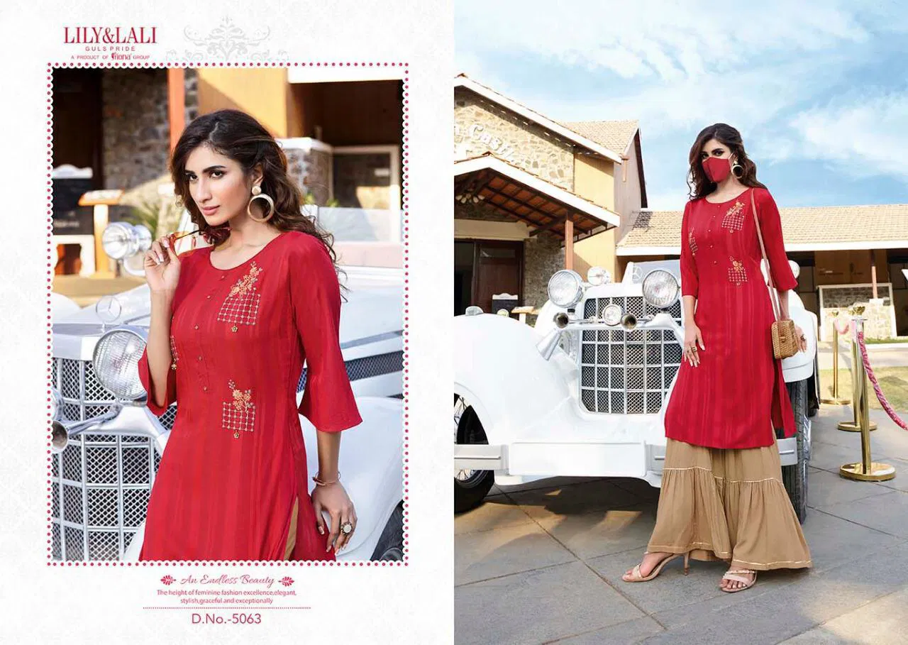 Lily & Lali Mystery Designer Partywear Fancy Rayon with Pattern Fabric Embroidery Kurtis with Gharara Collections