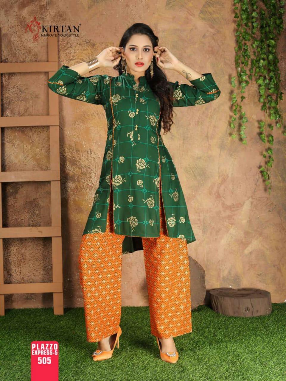 Kirtan Plazzo Express Fancy Designer Regular Wear Rayon Printed Kurti With Bottom Collection
