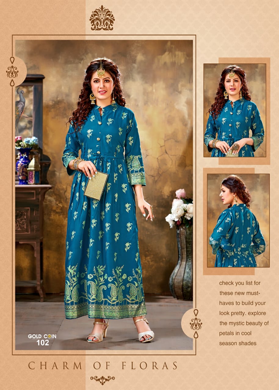 Ft Gold Coin Latest Designer Party Wear rayon Long Printed Rayon Kurtis Collection
