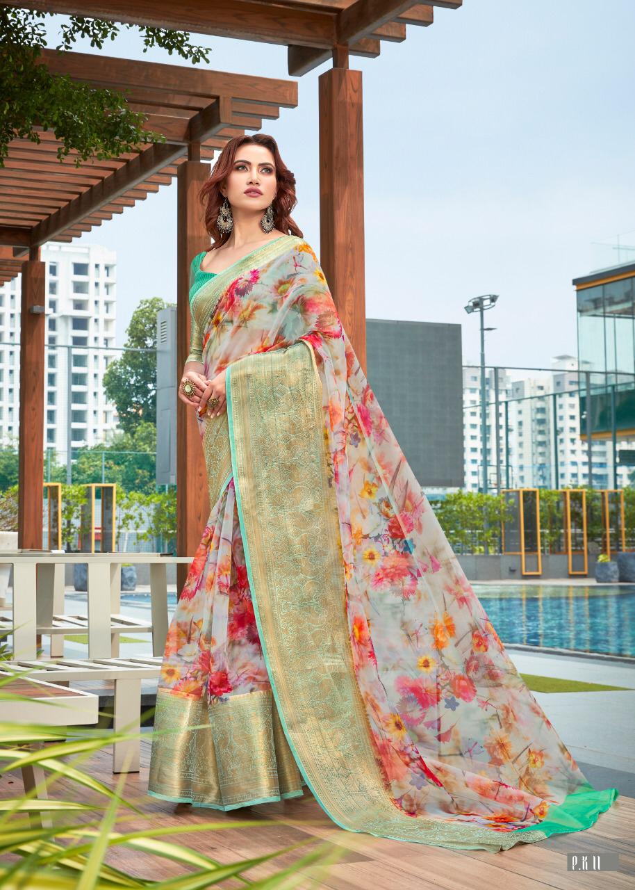 Shvetamber Peacock Kutthu Pattu Latest Designer Party Wear Stylish Digital Printed Organza Saree Collection 