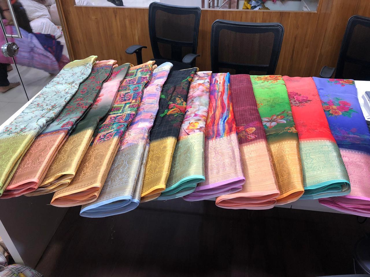 Shvetamber Peacock Kutthu Pattu Latest Designer Party Wear Stylish Digital Printed Organza Saree Collection 