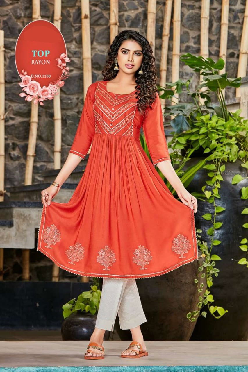 Kudi 1 Latest Fancy Designer Flair Style Ethnic Wear Rayon Long Printed Kurtis Collection

